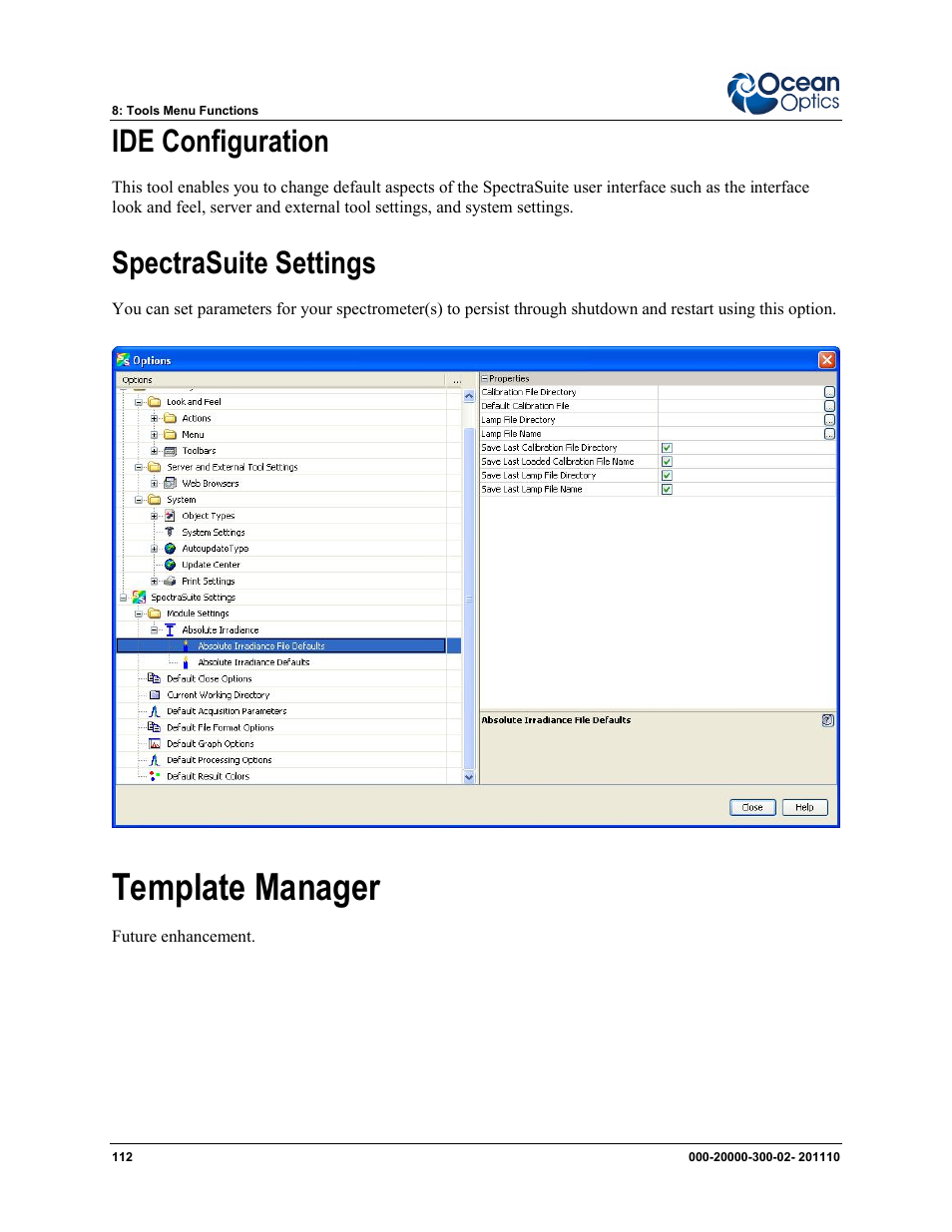 Template manager, Ide configuration, Spectrasuite settings | Ocean Optics SpectraSuite User Manual | Page 124 / 198