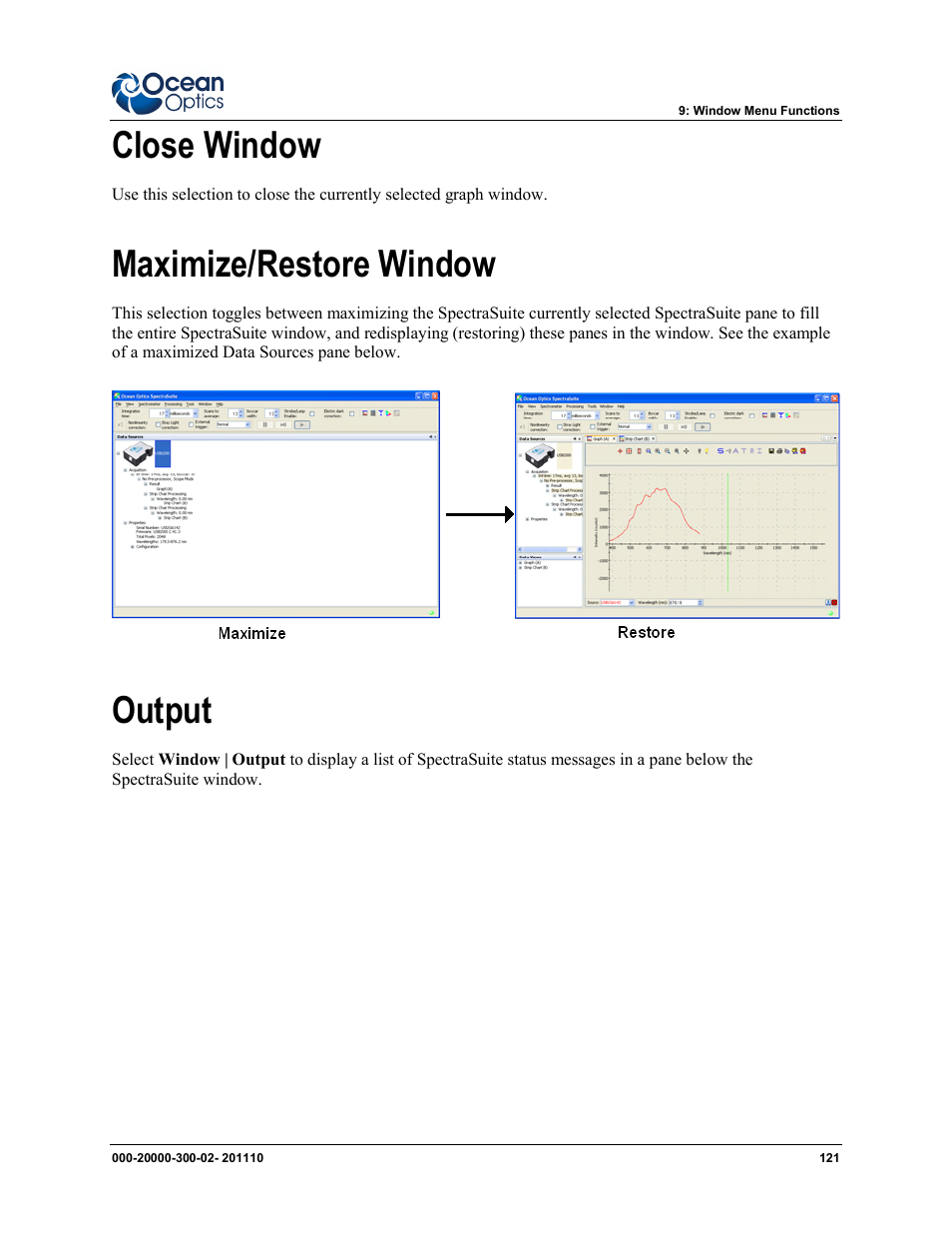 Close window, Maximize/restore window, Output | Ocean Optics SpectraSuite User Manual | Page 133 / 198