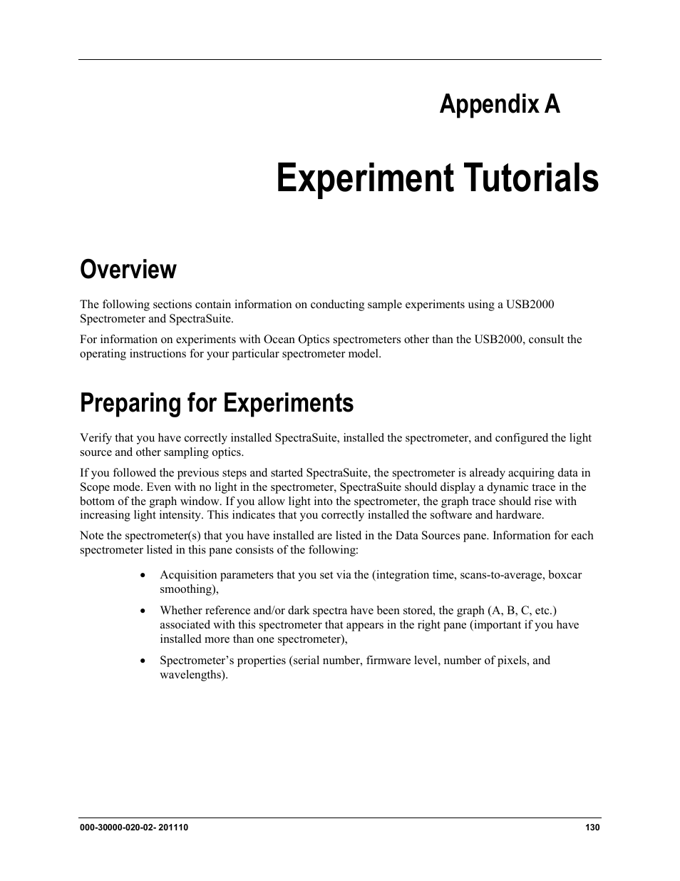 Experiment tutorials, For info, Appendix a | Overview, Preparing for experiments | Ocean Optics SpectraSuite User Manual | Page 142 / 198