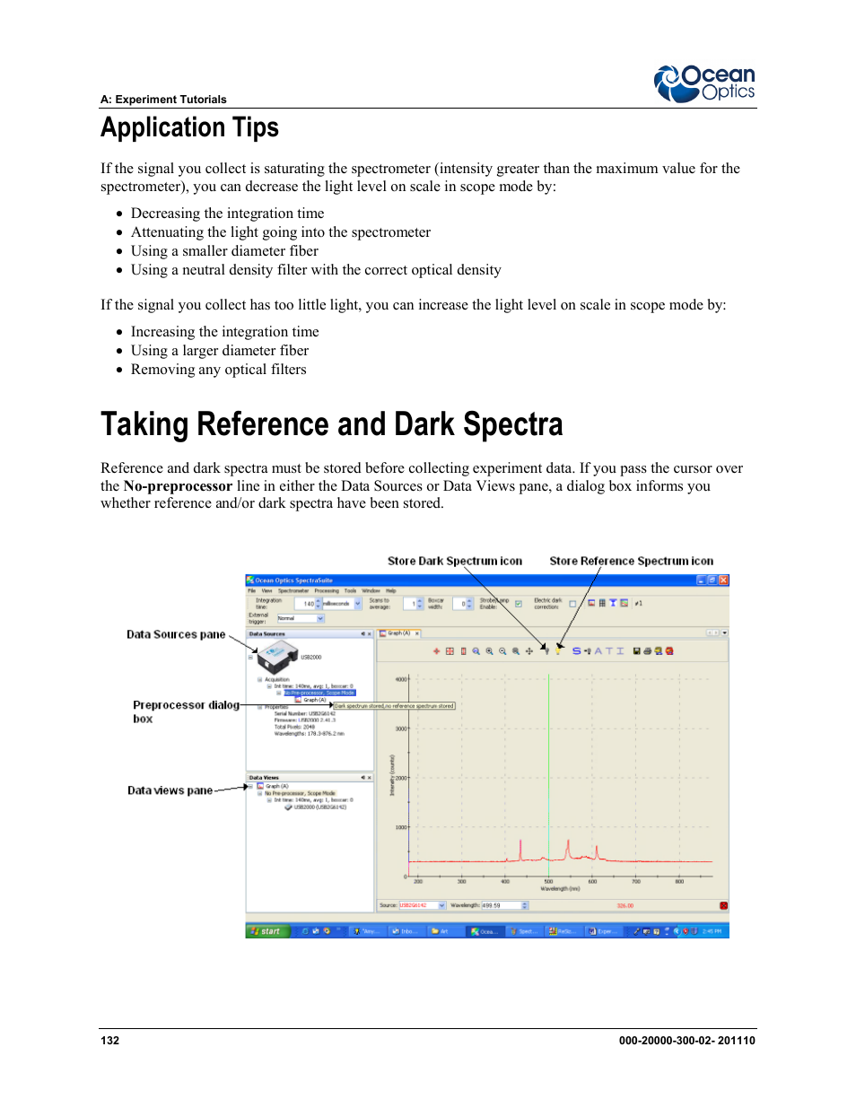 Taking reference and dark spectra, Application tips | Ocean Optics SpectraSuite User Manual | Page 144 / 198