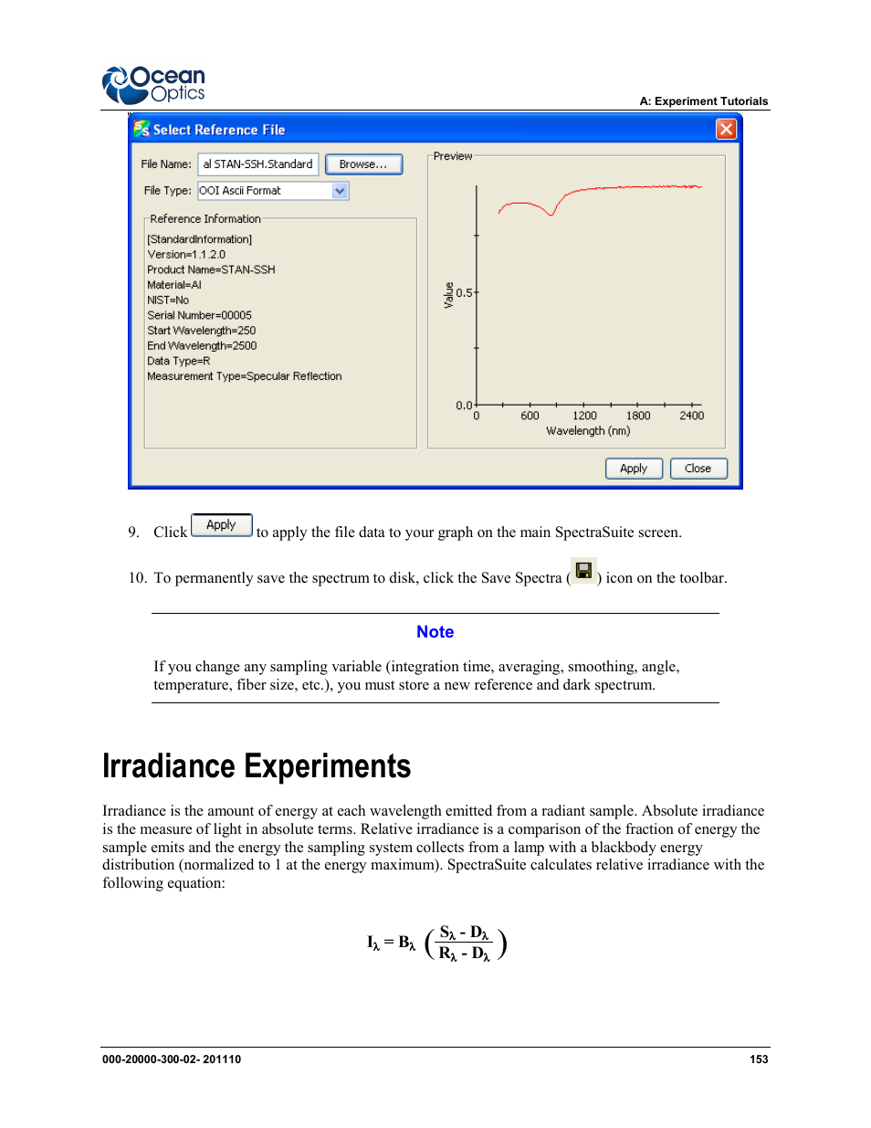 Irradiance experiments | Ocean Optics SpectraSuite User Manual | Page 165 / 198