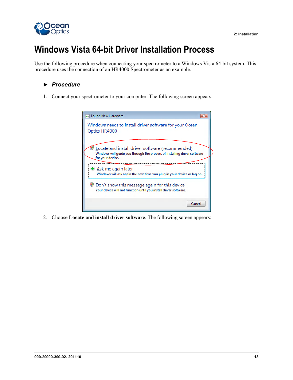 Windows vista 64-bit driver installation process | Ocean Optics SpectraSuite User Manual | Page 25 / 198