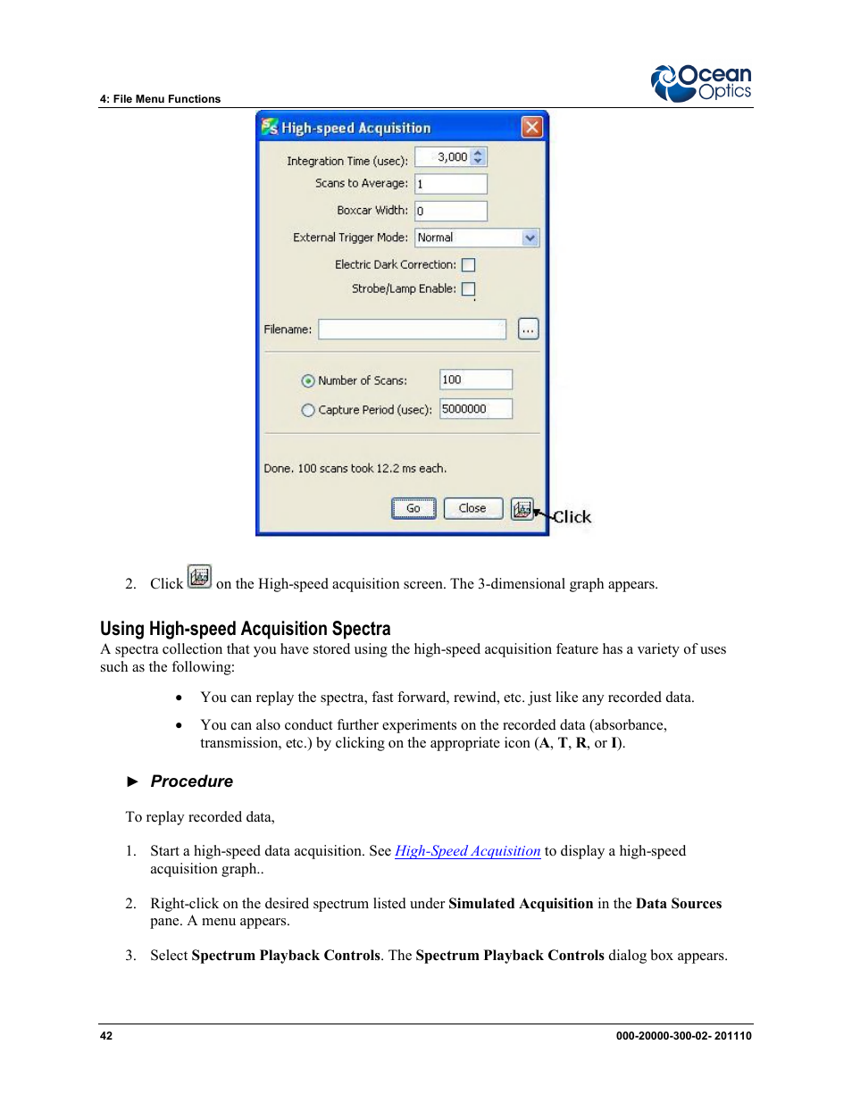 Using high-speed acquisition spectra | Ocean Optics SpectraSuite User Manual | Page 54 / 198