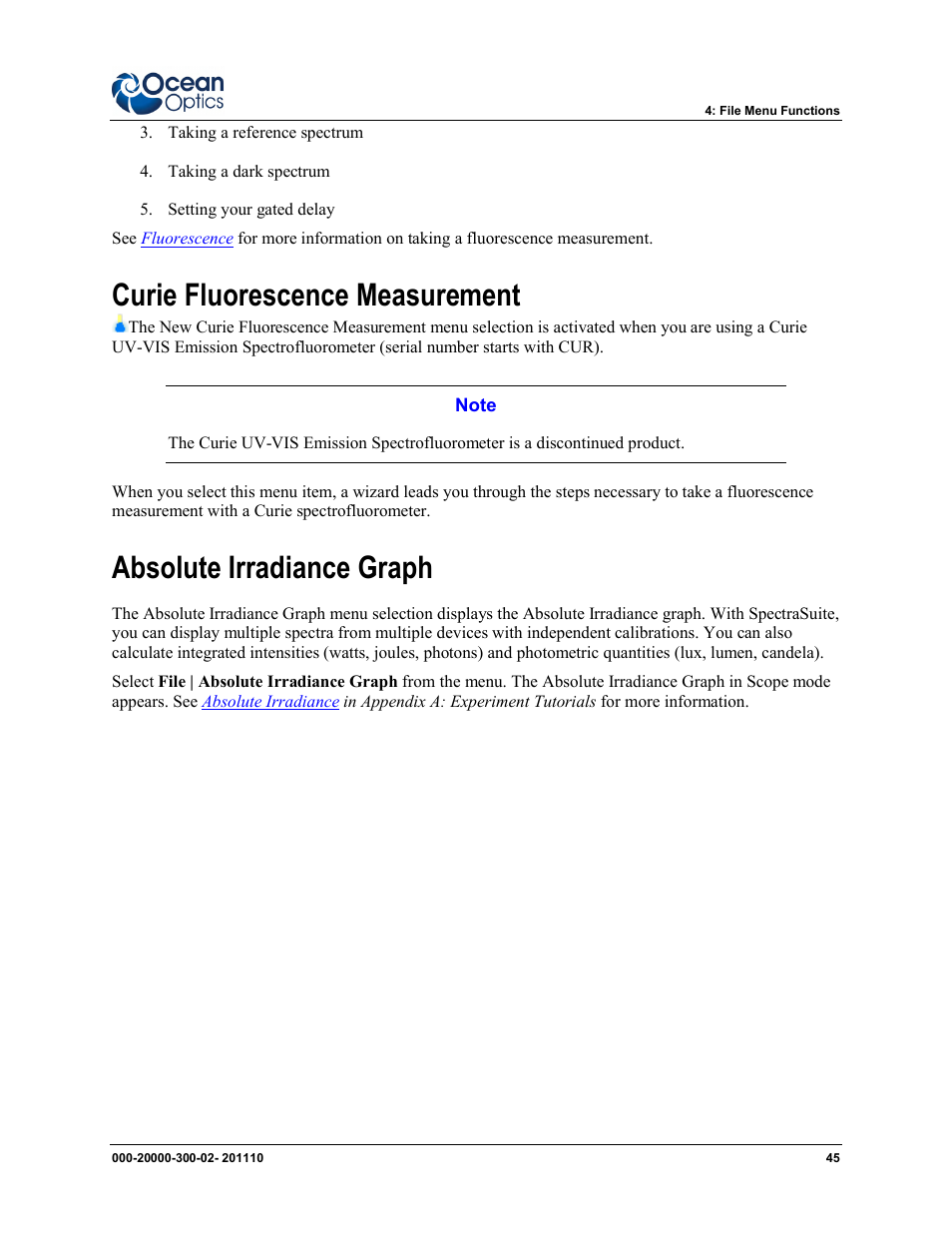 Curie fluorescence measurement, Absolute irradiance graph | Ocean Optics SpectraSuite User Manual | Page 57 / 198