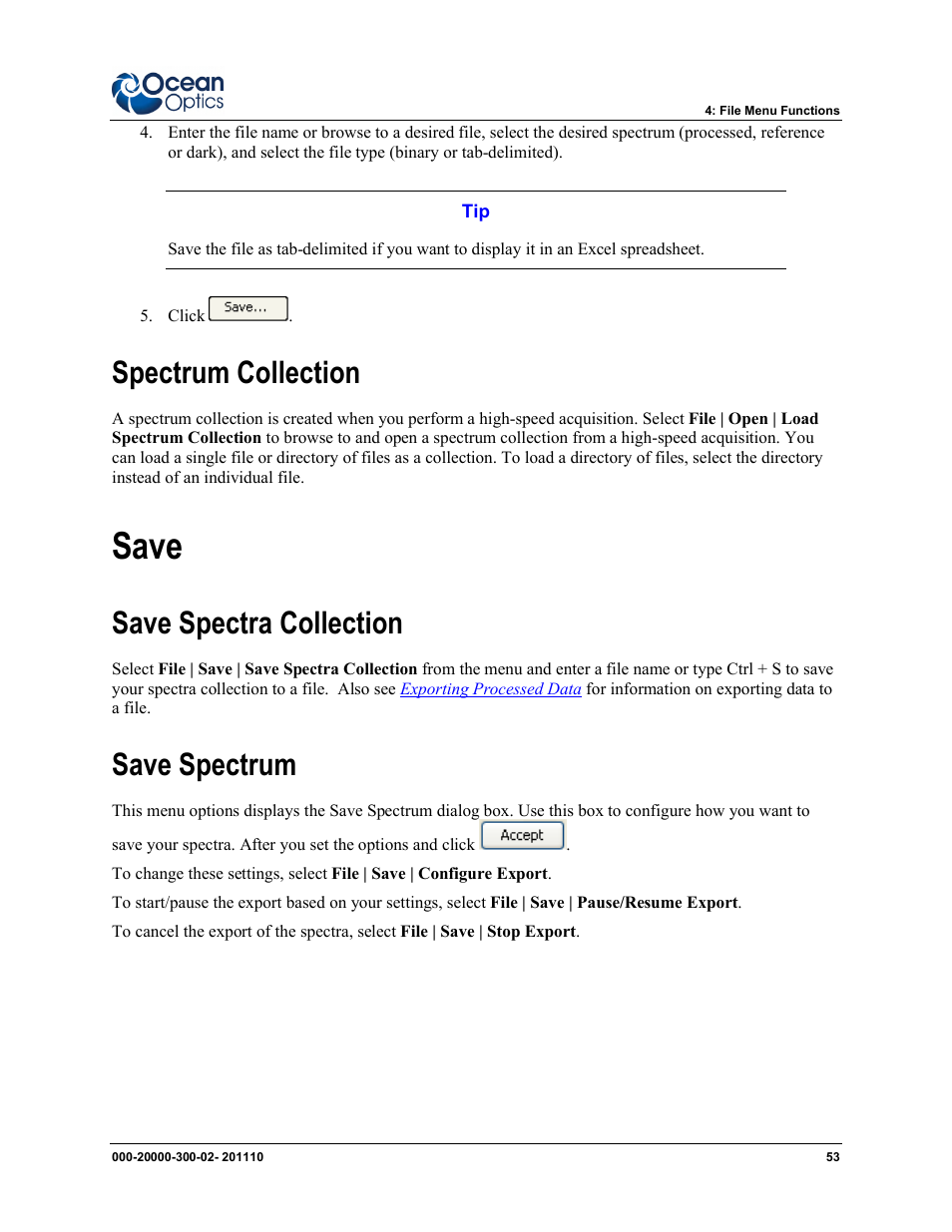 Spectrum collection, Save, Save spectra collection save spectrum | Save spectra collection, Save spectrum | Ocean Optics SpectraSuite User Manual | Page 65 / 198