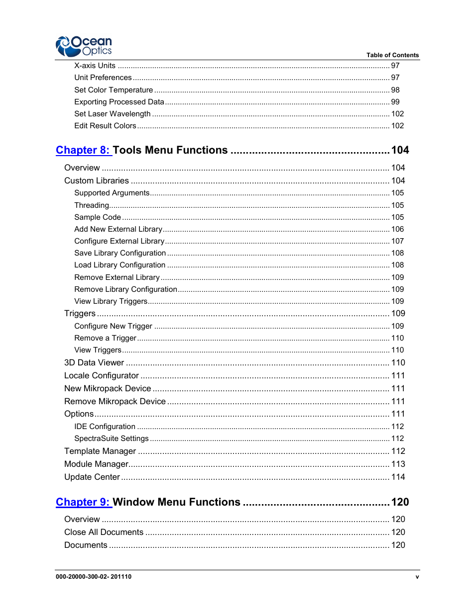 Chapter 8: tools menu functions, Chapter 9: window menu functions | Ocean Optics SpectraSuite User Manual | Page 7 / 198