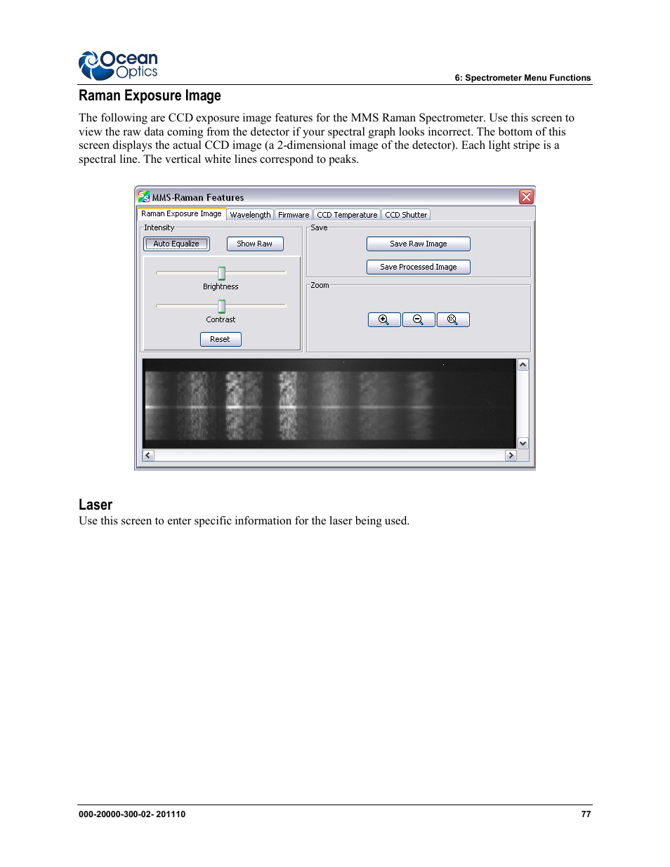 Raman exposure image, Laser | Ocean Optics SpectraSuite User Manual | Page 89 / 198