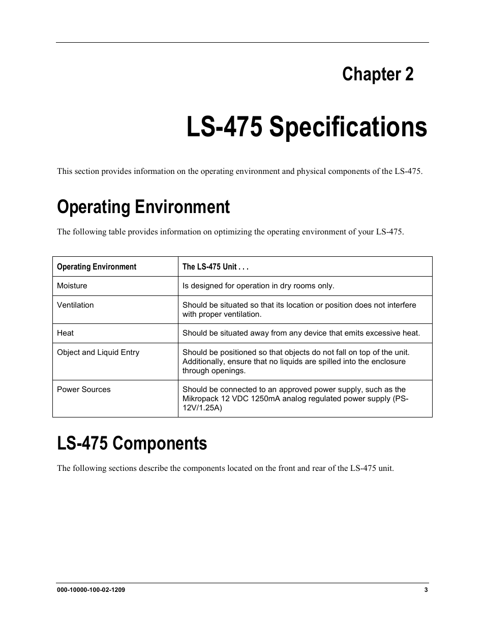 Ls-475 specifications, Front panel, Rear panel | Pinout inf, Chapter 3: operating instruct, Overvie, 00 spectrom, Chapter 2, Operating environment, Ls-475 components | Ocean Optics LS-475 User Manual | Page 11 / 20