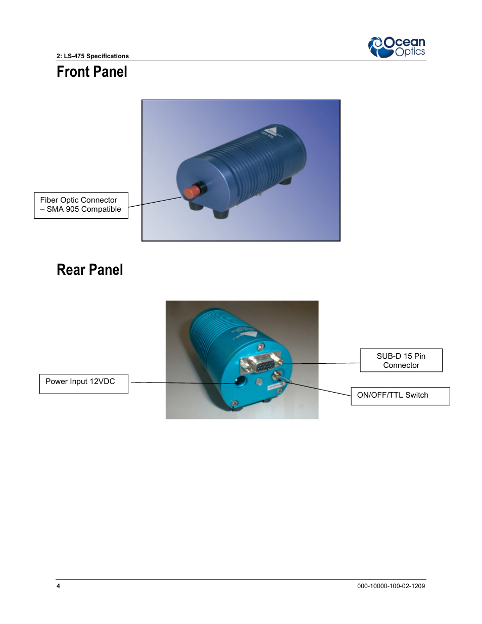 Front panel rear panel | Ocean Optics LS-475 User Manual | Page 12 / 20