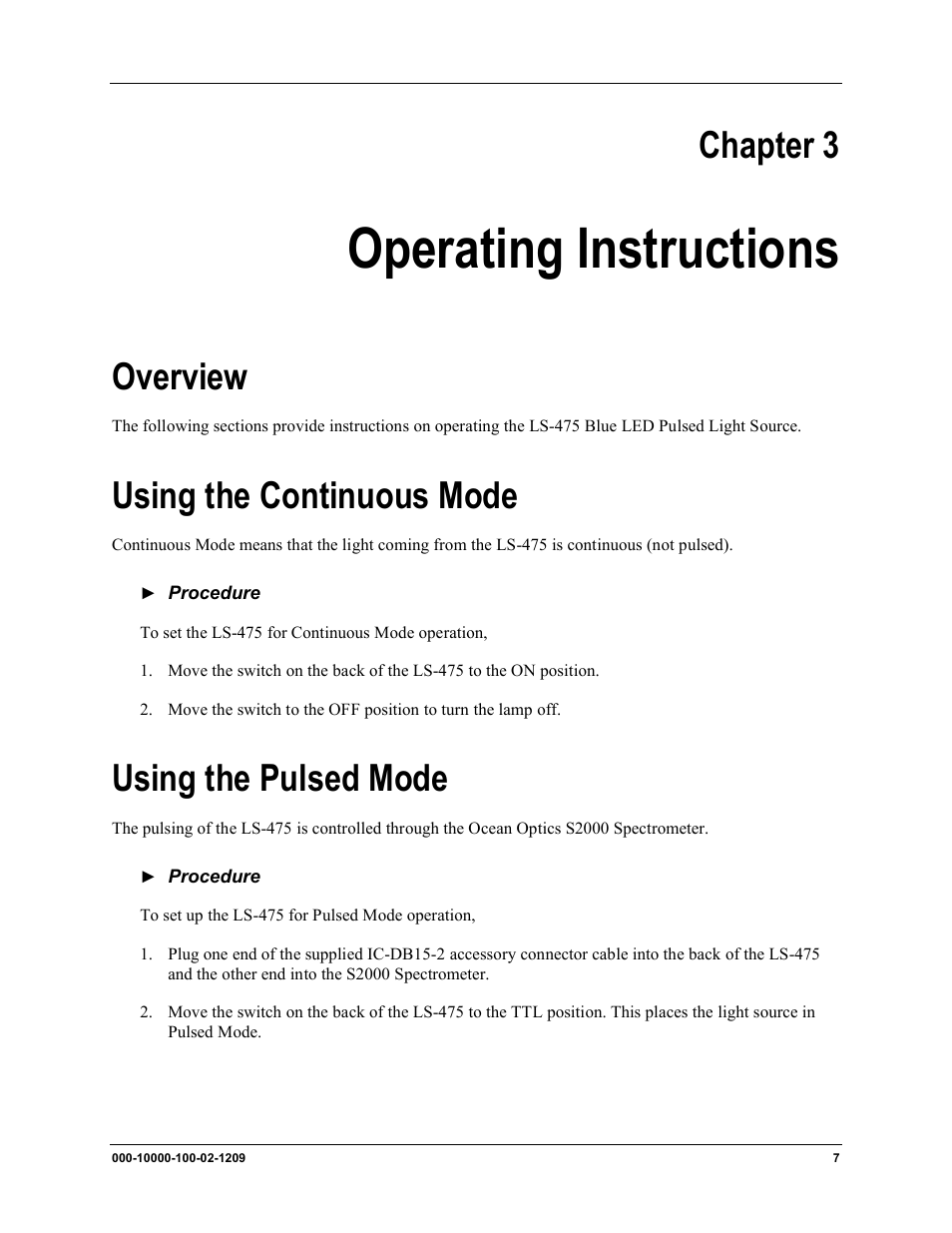 Chapter 3, Operating instructions, Overview | Using the continuous mode, Using the pulsed mode | Ocean Optics LS-475 User Manual | Page 15 / 20