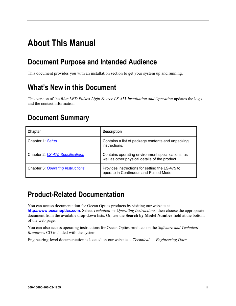 About this manual, Document purpose and intended audience, What’s new in this document | Document summary, Product-related documentation | Ocean Optics LS-475 User Manual | Page 7 / 20