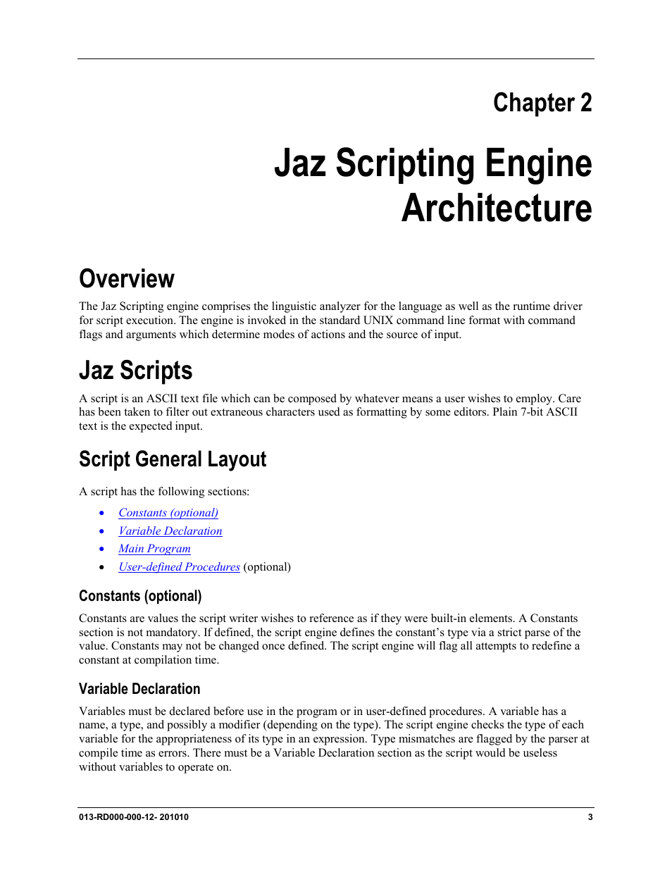 Chapter 2, Jaz scripting engine, Architecture | Jaz scripting engine architecture, Overview, Jaz scripts, Script general layout | Ocean Optics Jaz Scripting Language and Scripting Engine User Manual | Page 11 / 74