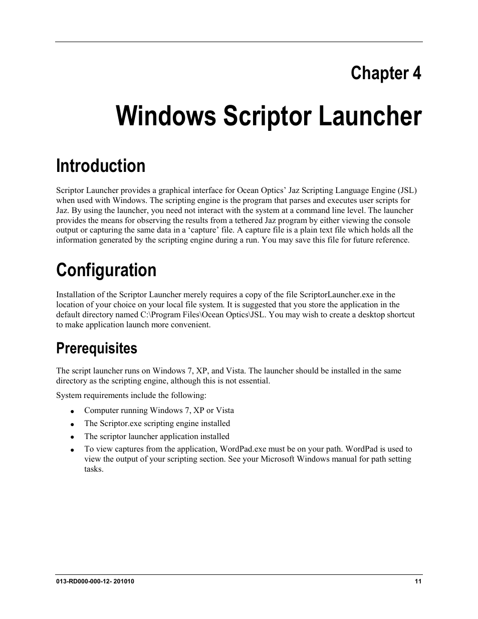 Windows scriptor launcher, Chapter 4, Introduction | Configuration, Prerequisites | Ocean Optics Jaz Scripting Language and Scripting Engine User Manual | Page 19 / 74