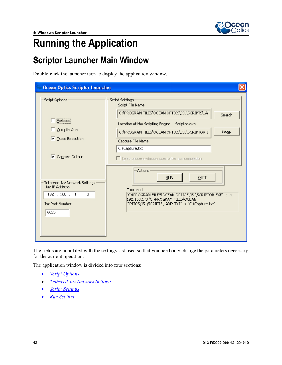 Running the application, Scriptor launcher main window | Ocean Optics Jaz Scripting Language and Scripting Engine User Manual | Page 20 / 74