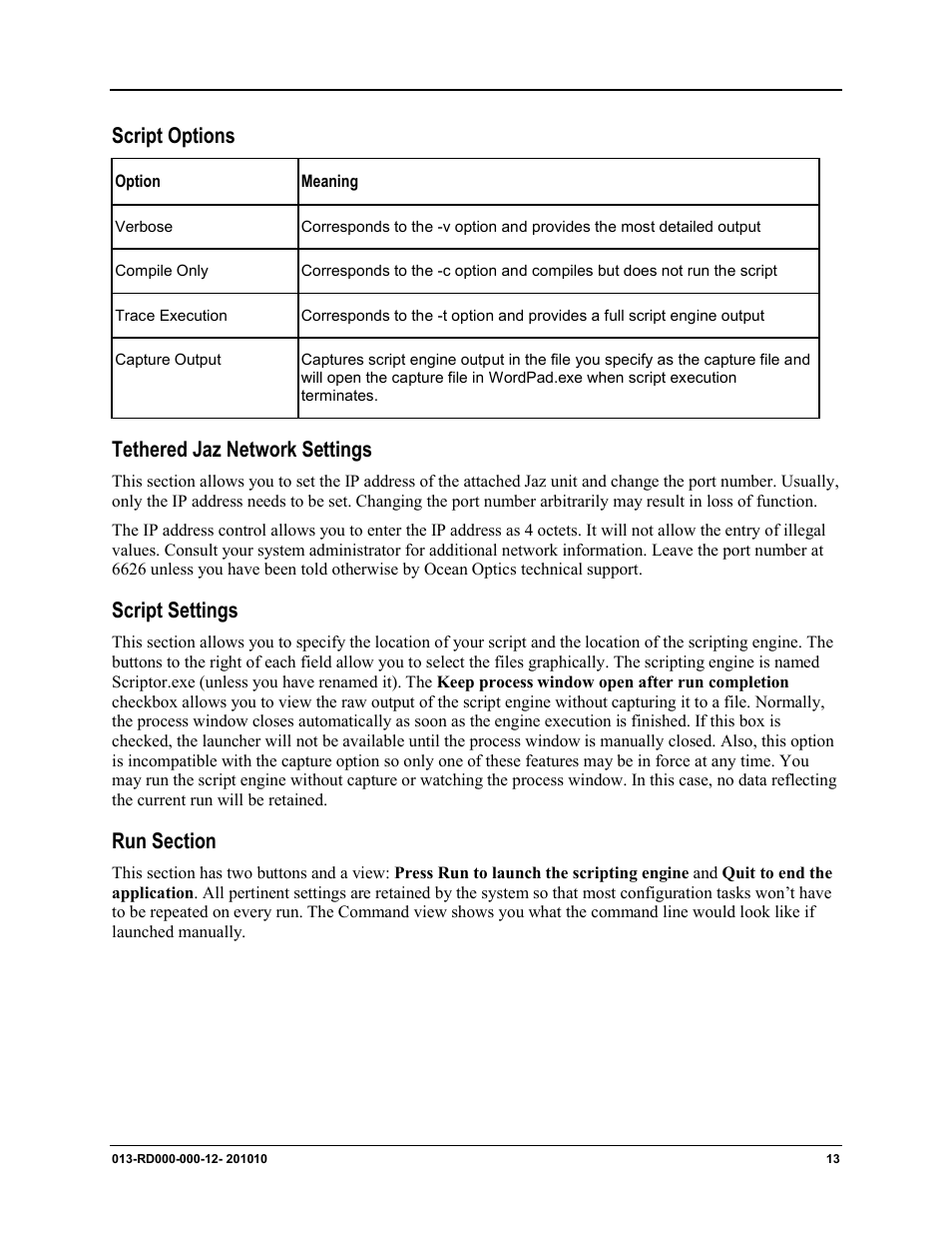 Script options, Tethered jaz network settings, Script settings | Run section | Ocean Optics Jaz Scripting Language and Scripting Engine User Manual | Page 21 / 74
