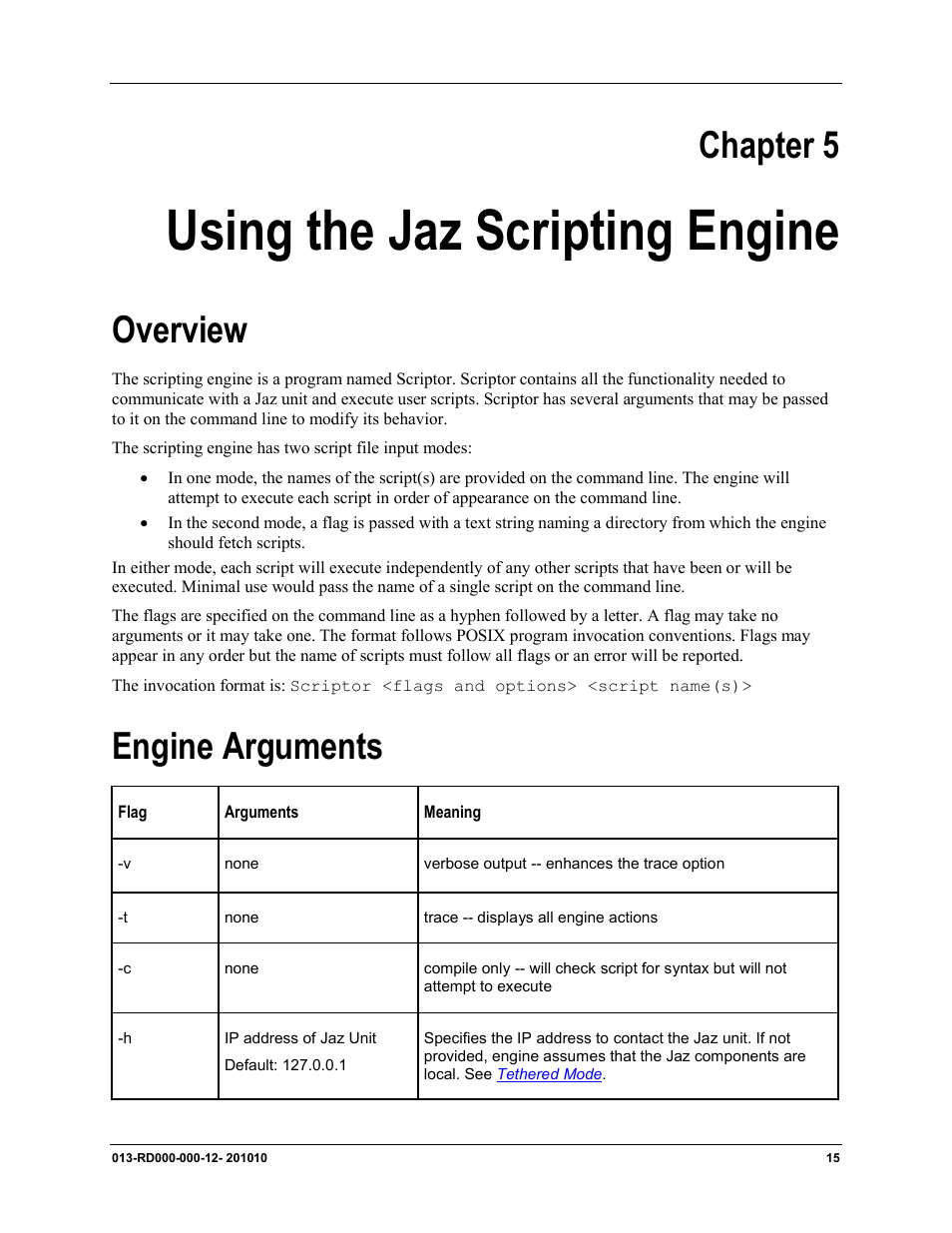 Chapter 5, Using the jaz scripting, Engine | Using the jaz scripting engine, Overview, Engine arguments | Ocean Optics Jaz Scripting Language and Scripting Engine User Manual | Page 23 / 74