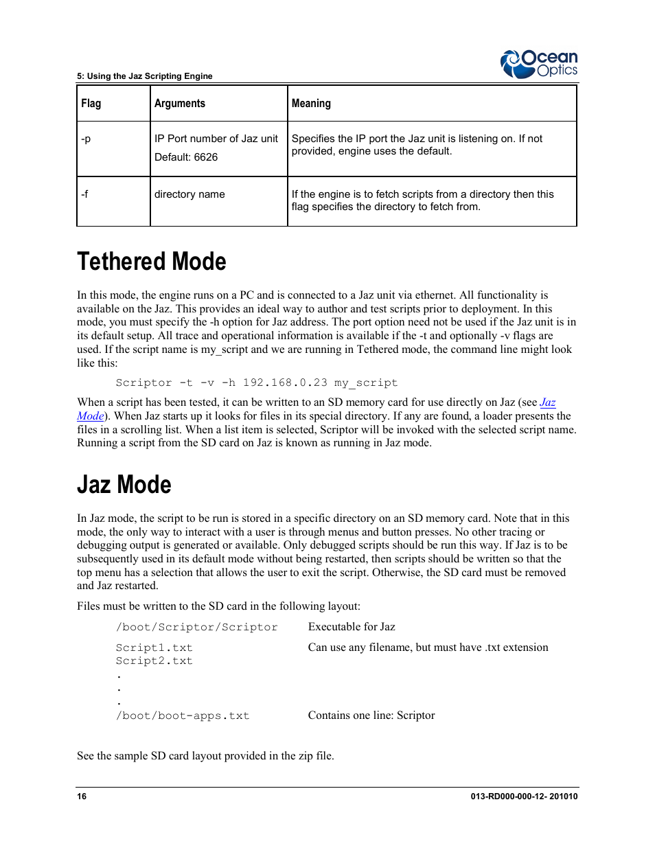 Tethered mode, Jaz mode | Ocean Optics Jaz Scripting Language and Scripting Engine User Manual | Page 24 / 74