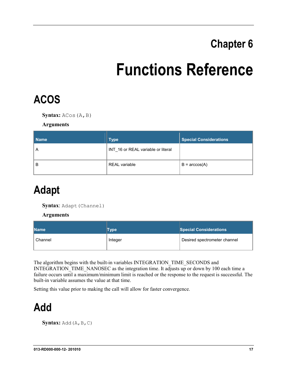 Chapter 6: functions reference, Acos adapt add, Chapter 6 | Functions reference, Acos, Adapt | Ocean Optics Jaz Scripting Language and Scripting Engine User Manual | Page 25 / 74