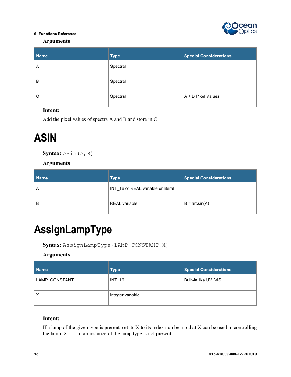 Asin assignlamptype, Asin, Assignlamptype | Ocean Optics Jaz Scripting Language and Scripting Engine User Manual | Page 26 / 74