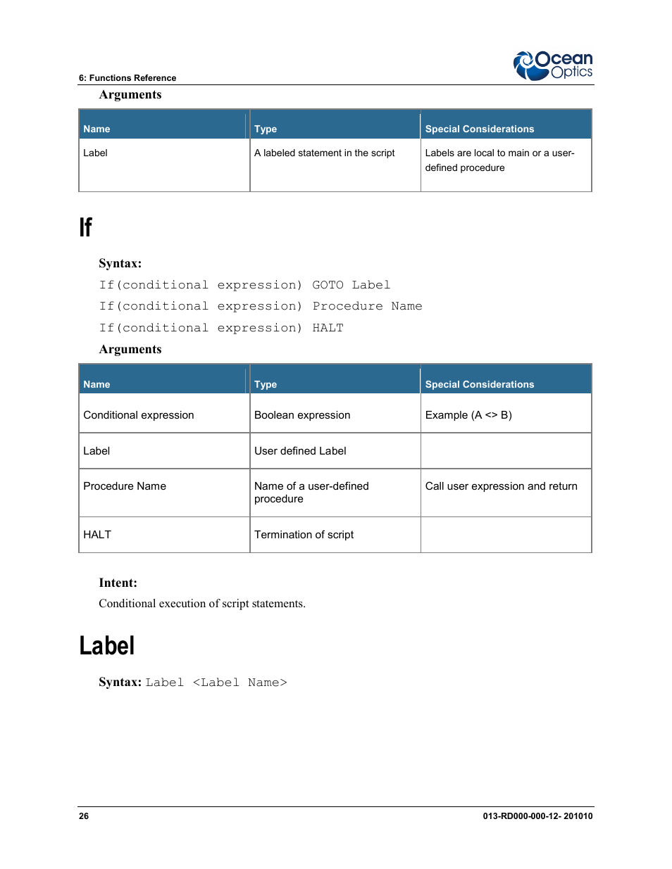 If label, Label | Ocean Optics Jaz Scripting Language and Scripting Engine User Manual | Page 34 / 74