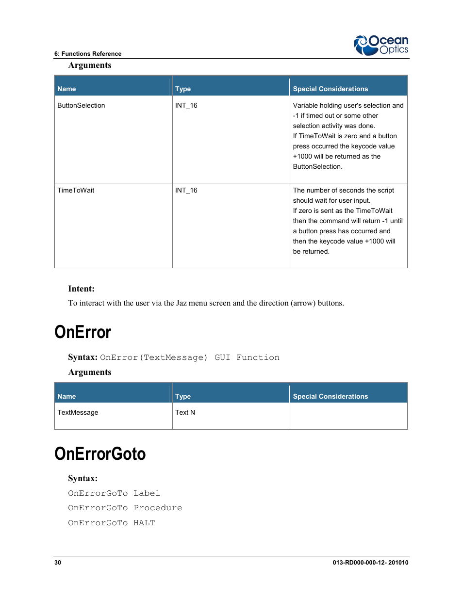 Onerror onerrorgoto, Onerror, Onerrorgoto | Ocean Optics Jaz Scripting Language and Scripting Engine User Manual | Page 38 / 74