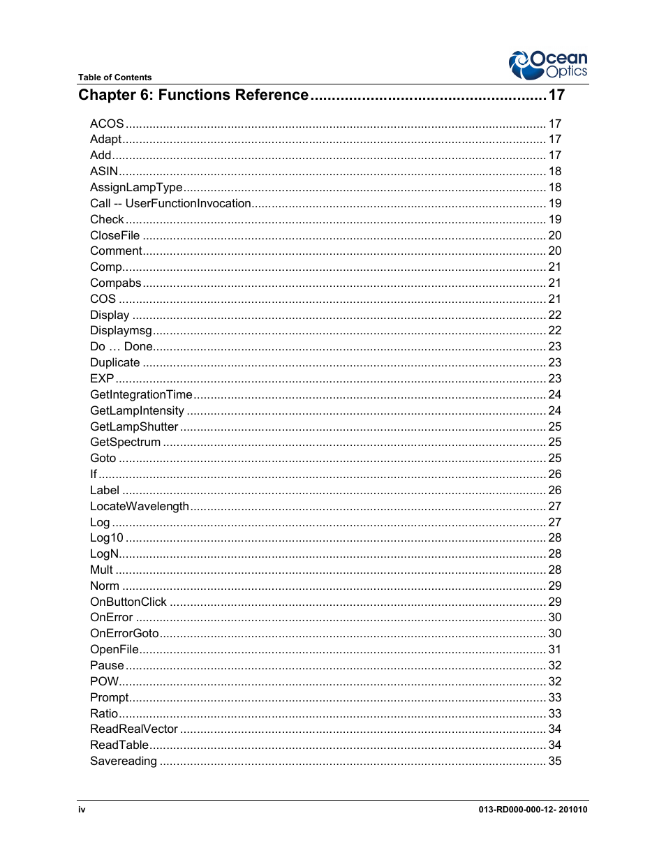 Chapter 6: functions reference | Ocean Optics Jaz Scripting Language and Scripting Engine User Manual | Page 4 / 74