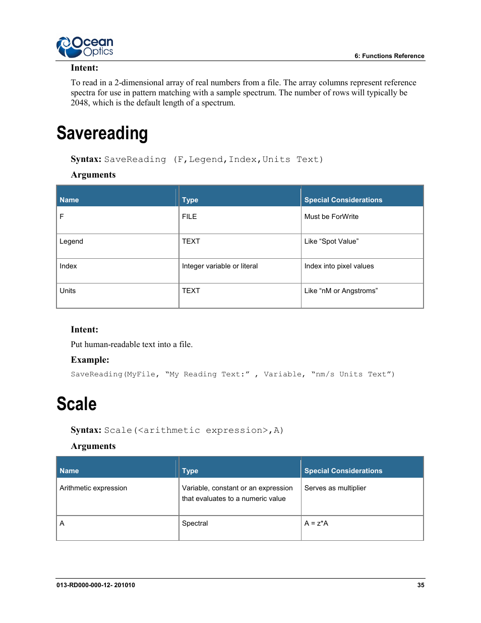 Savereading, Scale | Ocean Optics Jaz Scripting Language and Scripting Engine User Manual | Page 43 / 74