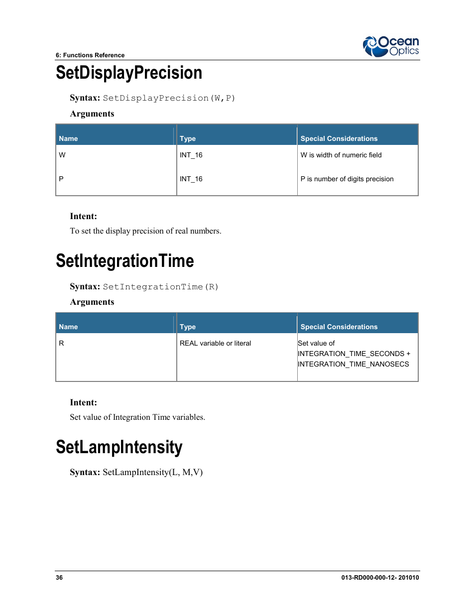 Setdisplayprecision, Setintegrationtime, Setlampintensity | Ocean Optics Jaz Scripting Language and Scripting Engine User Manual | Page 44 / 74