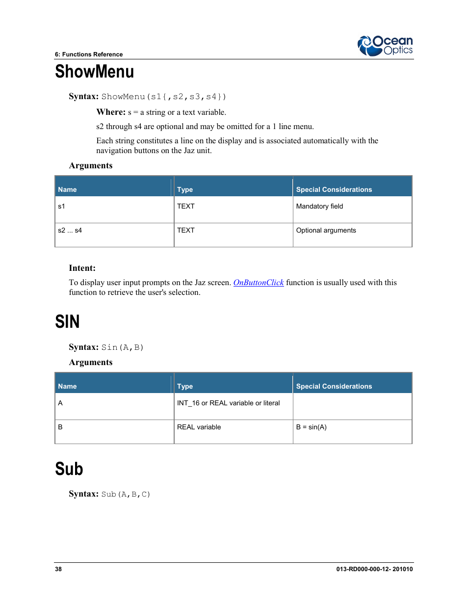 Showmenu sin sub, Showmenu | Ocean Optics Jaz Scripting Language and Scripting Engine User Manual | Page 46 / 74