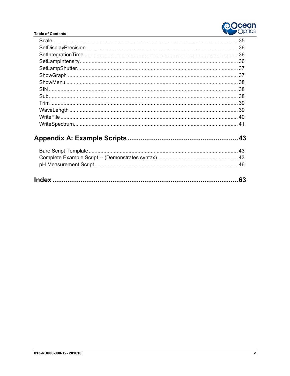 Appendix a : example scripts, Index | Ocean Optics Jaz Scripting Language and Scripting Engine User Manual | Page 5 / 74