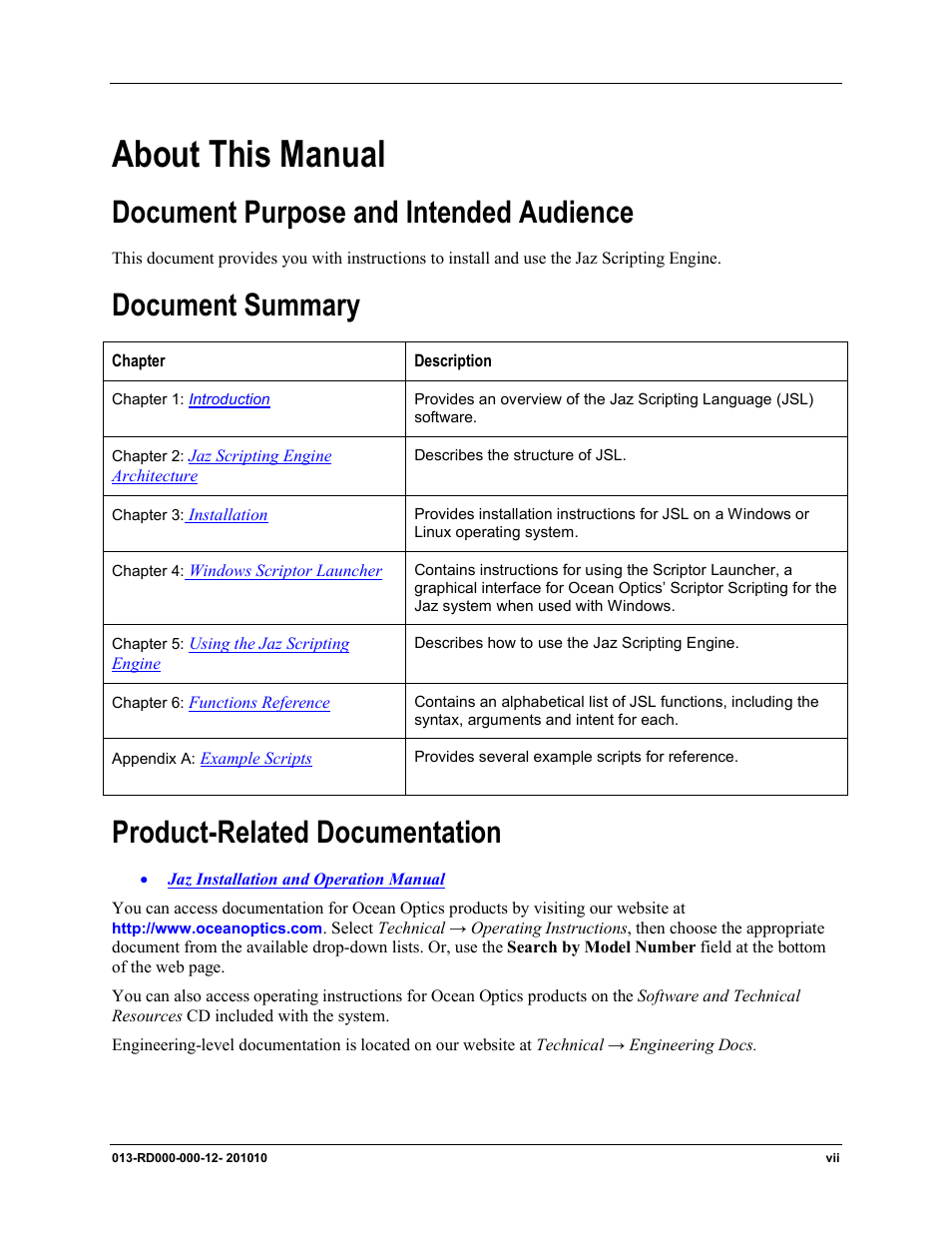 About this manual, Document purpose and intended audience, Document summary | Product-related documentation | Ocean Optics Jaz Scripting Language and Scripting Engine User Manual | Page 7 / 74