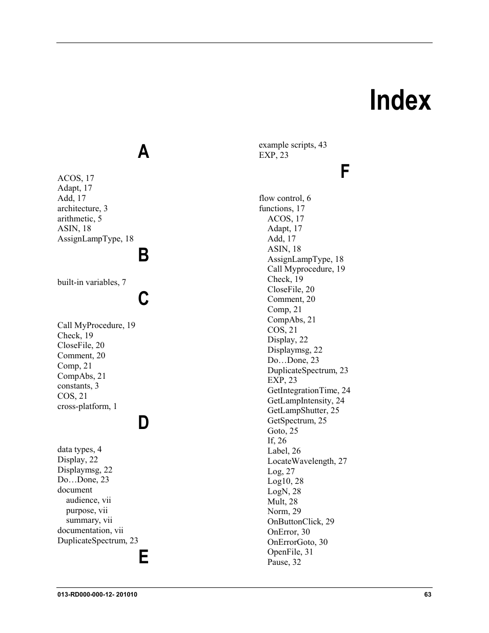 Index | Ocean Optics Jaz Scripting Language and Scripting Engine User Manual | Page 71 / 74