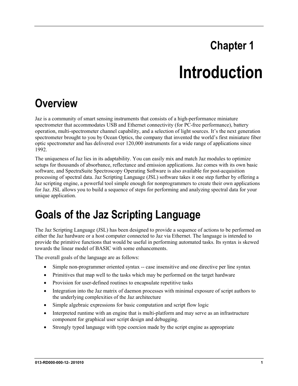 Chapter 1, Introduction, Overview | Goals of the jaz scripting language | Ocean Optics Jaz Scripting Language and Scripting Engine User Manual | Page 9 / 74