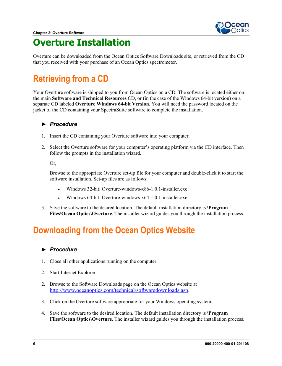 Overture installation, Retrieving from a cd, Downloading from the ocean optics website | Ocean Optics Overture User Manual | Page 14 / 56