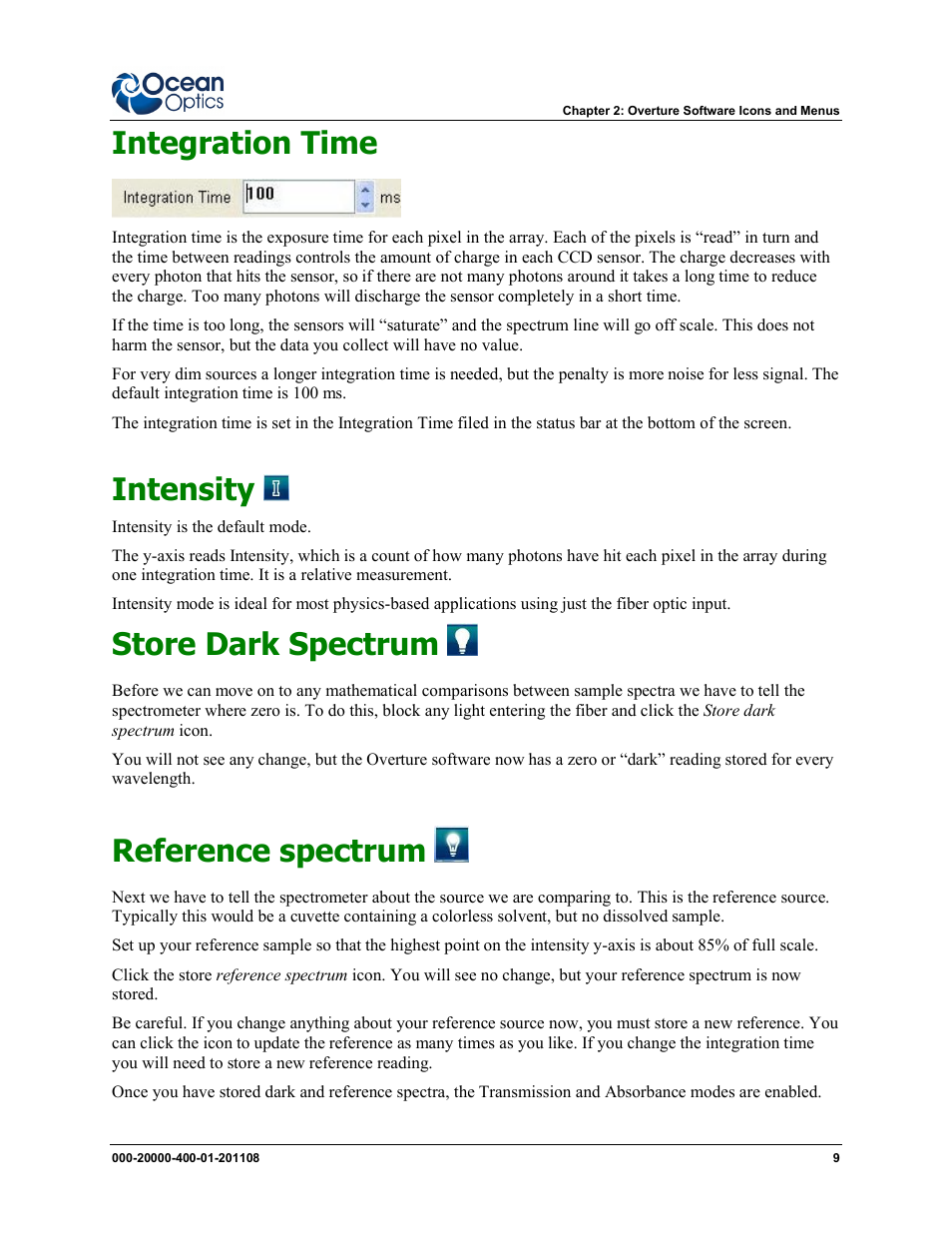 Integration time, Intensity, Store dark spectrum | Reference spectrum | Ocean Optics Overture User Manual | Page 17 / 56