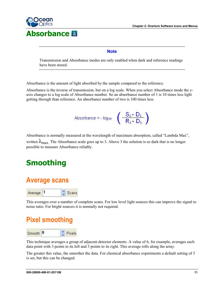 Absorbance, Smoothing average scans, Pixel smoothing | Ocean Optics Overture User Manual | Page 19 / 56