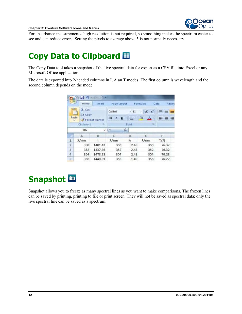 Copy data to clipboard, Snapshot | Ocean Optics Overture User Manual | Page 20 / 56