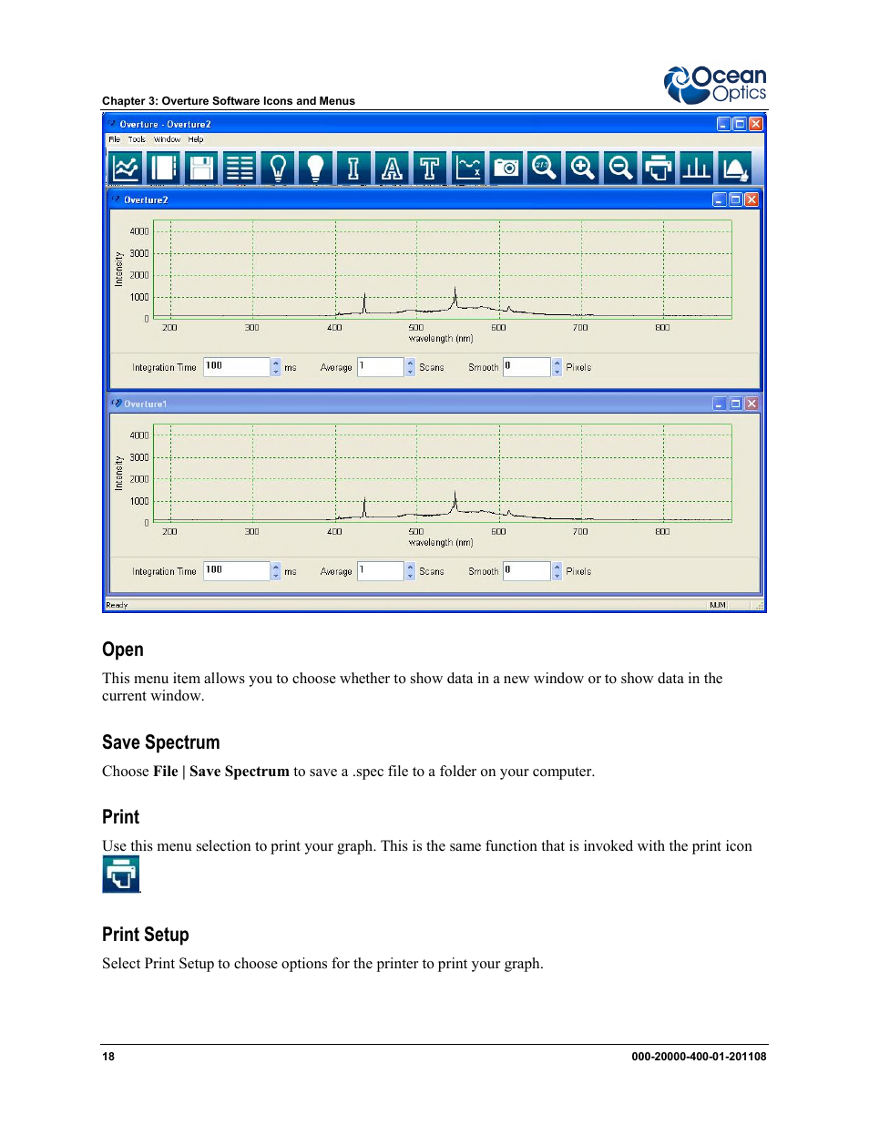 Open, Save spectrum, Print | Print setup | Ocean Optics Overture User Manual | Page 26 / 56