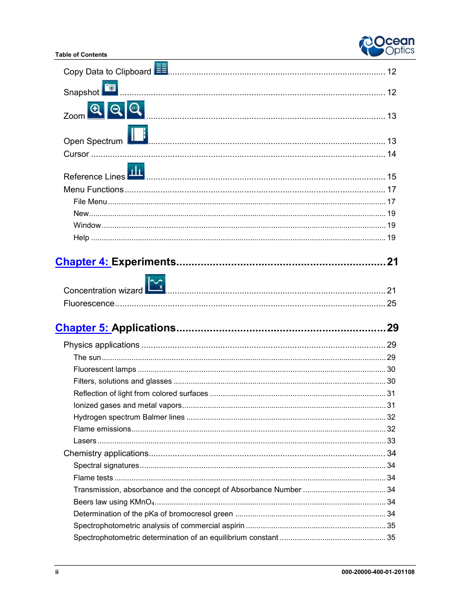 Chapter 4: experiments, Chapter 5: applications | Ocean Optics Overture User Manual | Page 4 / 56