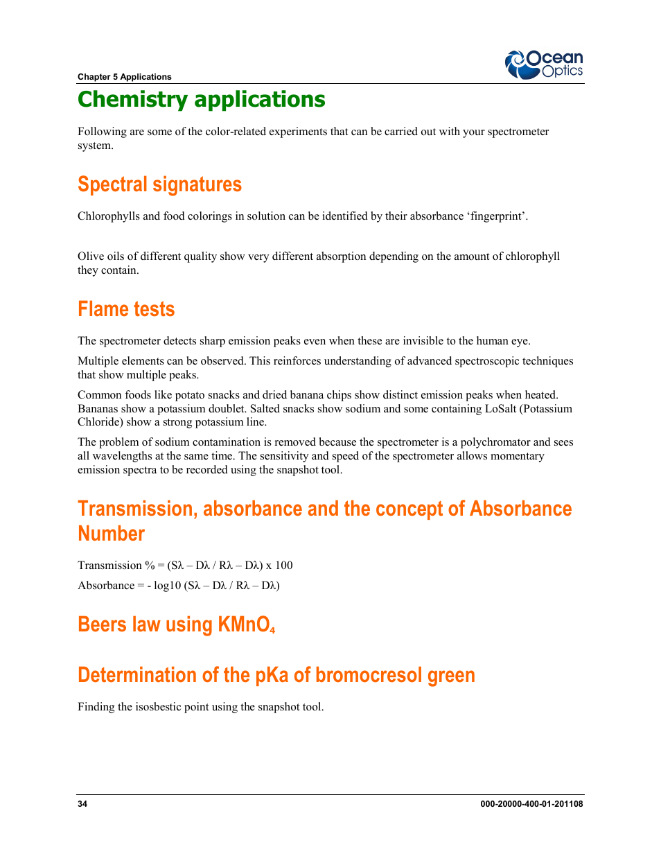 Chemistry applications, Determination of the pka of bromocresol green, Spectral signatures | Flame tests, Beers law using kmno | Ocean Optics Overture User Manual | Page 42 / 56