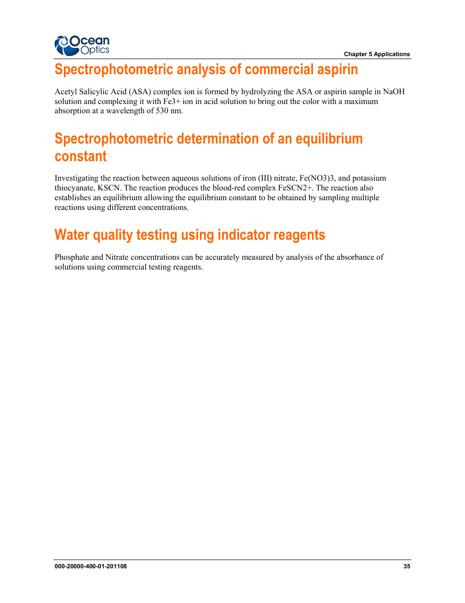 Water quality testing using indicator reagents, Spectrophotometric analysis of commercial aspirin | Ocean Optics Overture User Manual | Page 43 / 56