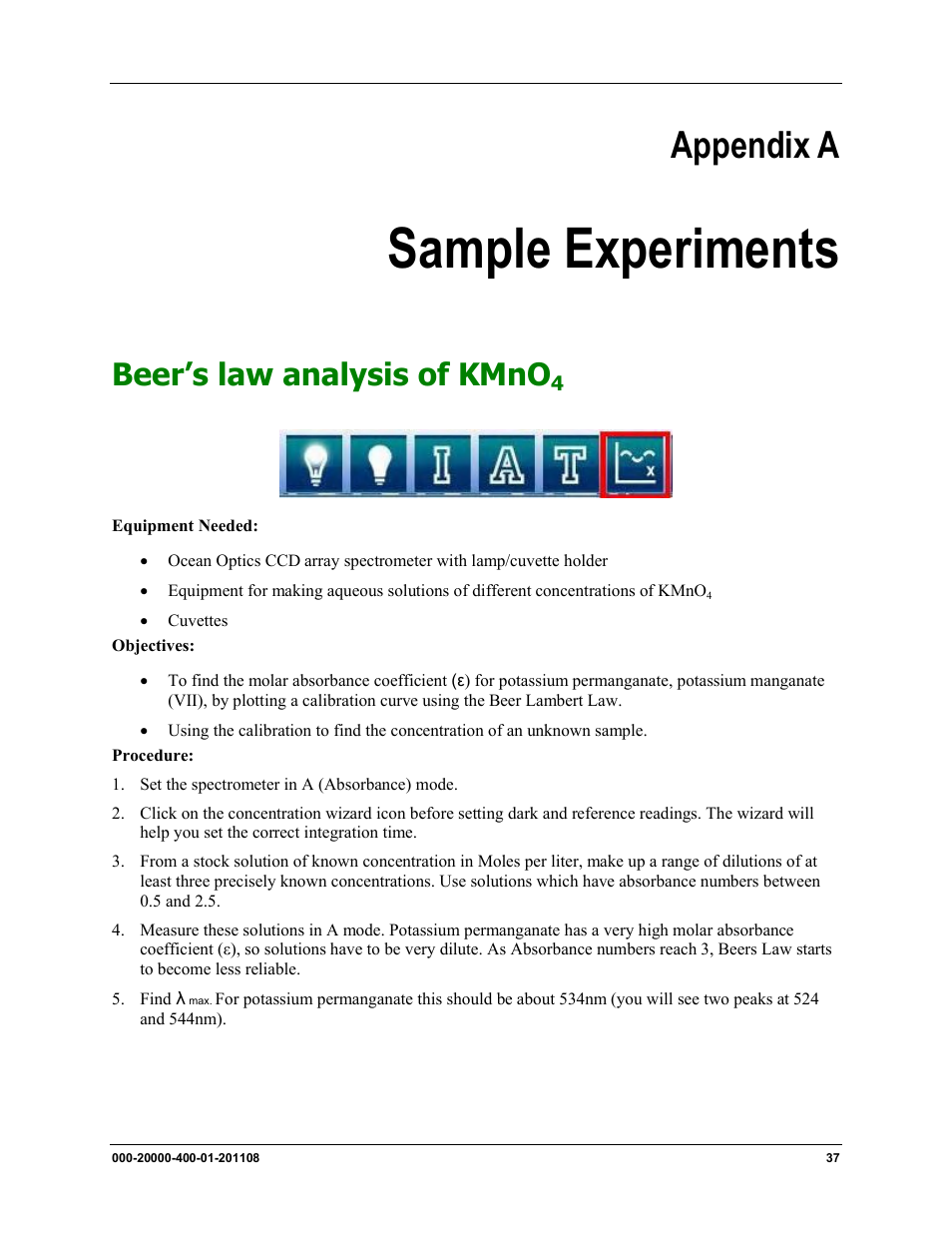 Sample experiments, Appendix a, Beer’s law analysis of kmno | Ocean Optics Overture User Manual | Page 45 / 56