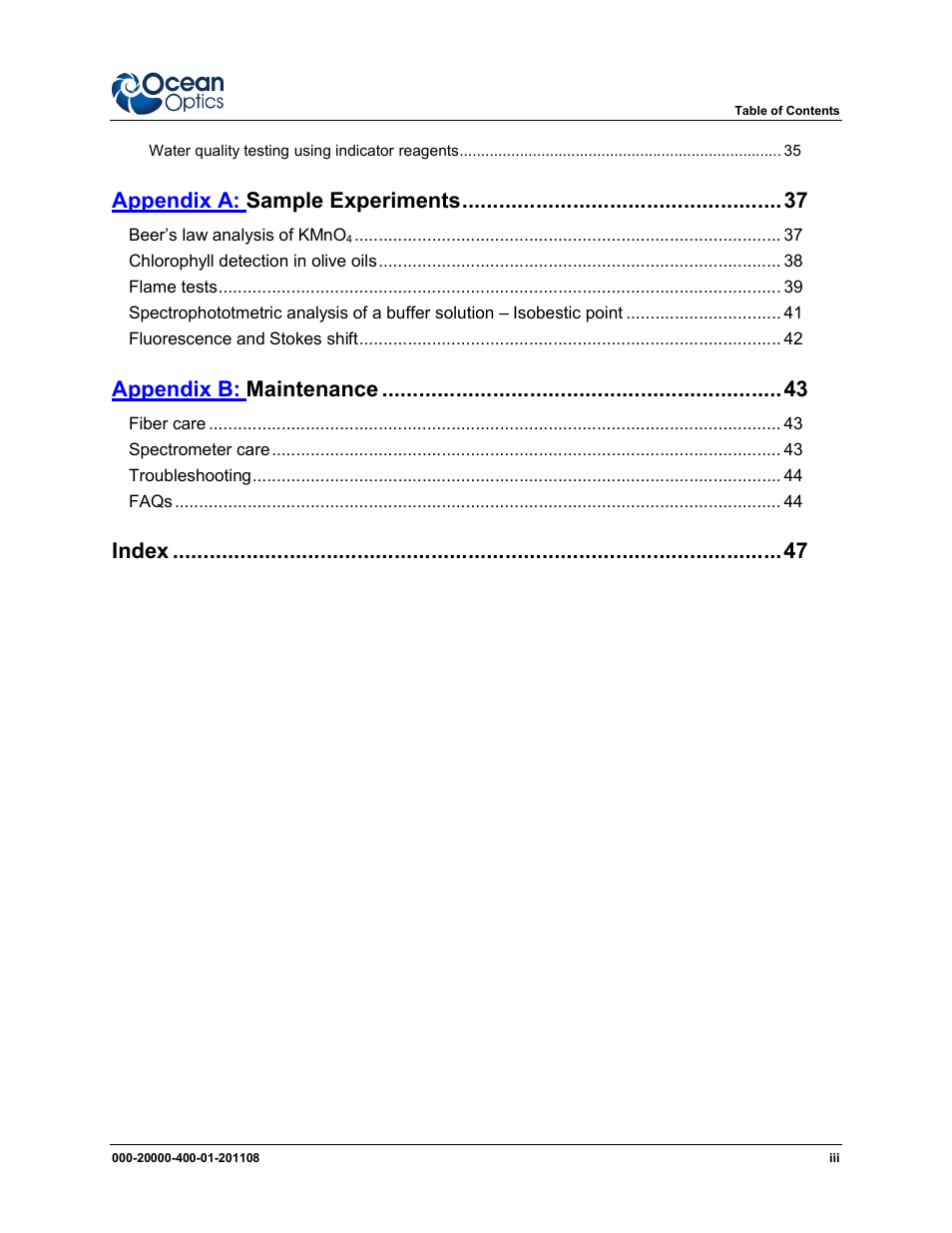 Appendix a: sample experiments, Appendix b: maintenance, Index | Ocean Optics Overture User Manual | Page 5 / 56