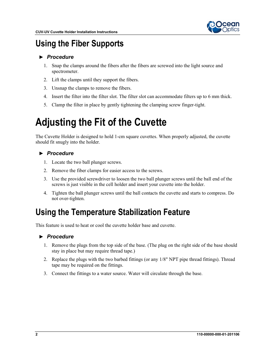 Adjusting the fit of the cuvette, Using the fiber supports, Using the temperature stabilization feature | Ocean Optics CUV-UV User Manual | Page 2 / 4