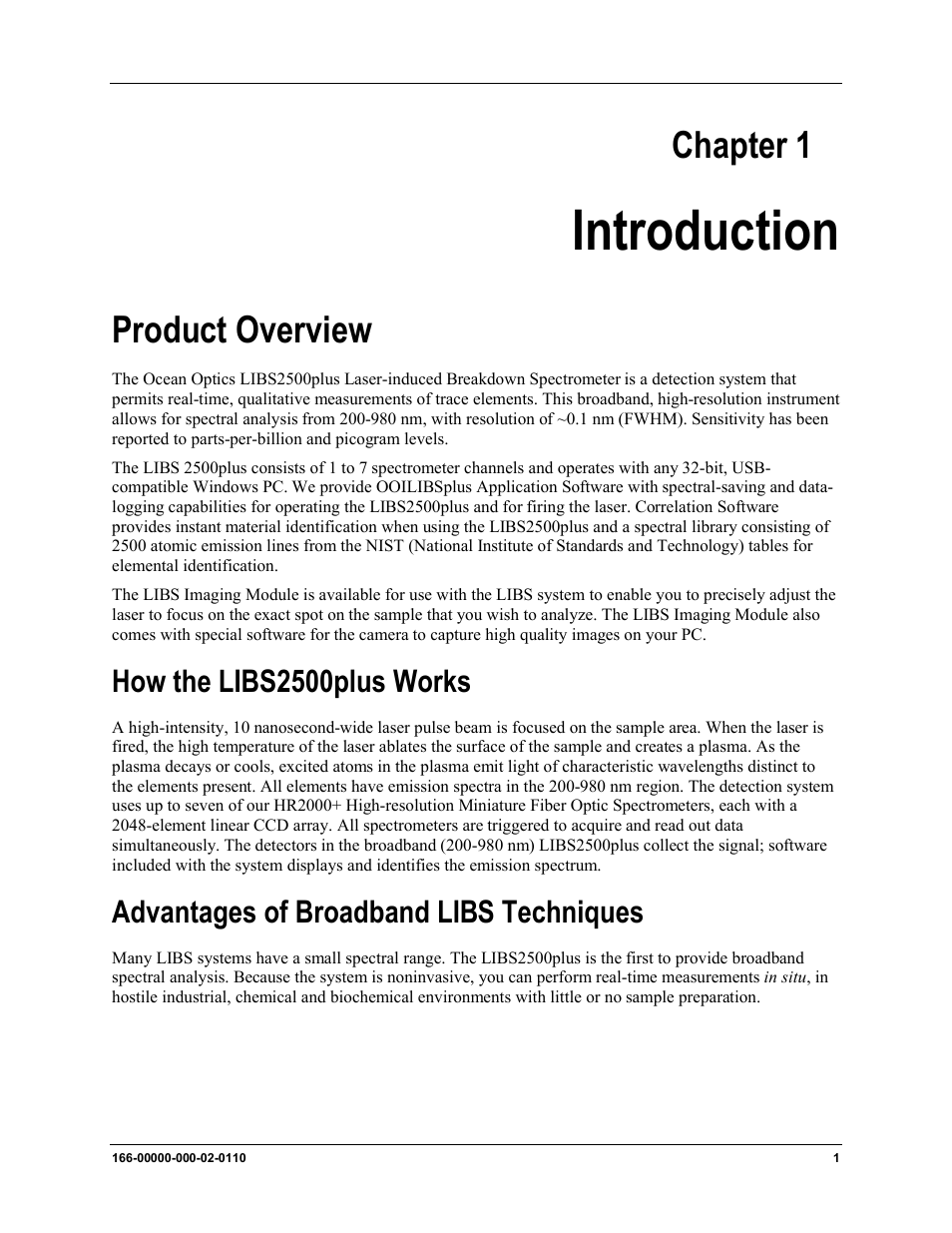 Chapter 1, Introduction, Product overview | How the libs2500plus works, Advantages of broadband libs techniques | Ocean Optics LIBS2500plus User Manual | Page 11 / 64