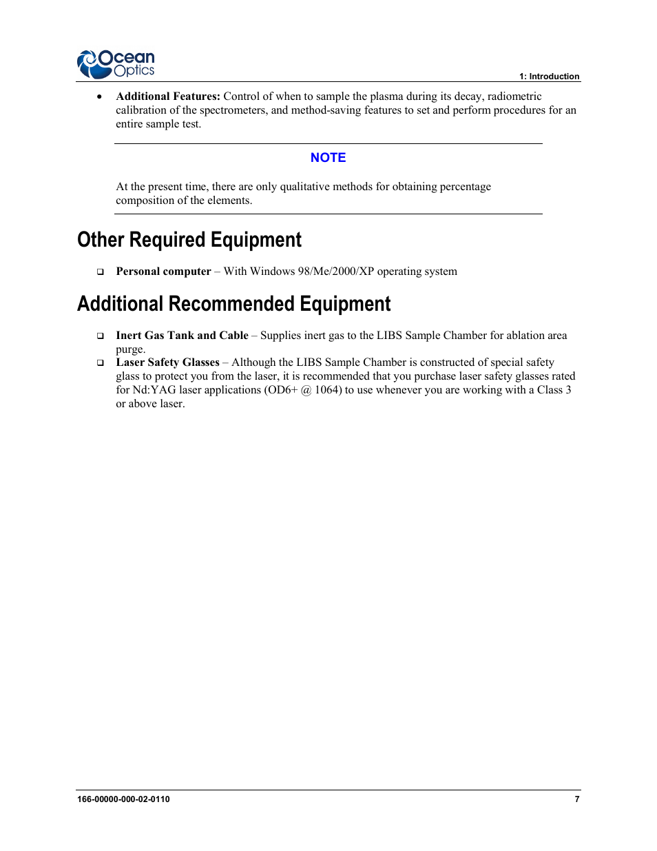 Other required equipment, Additional recommended equipment | Ocean Optics LIBS2500plus User Manual | Page 17 / 64