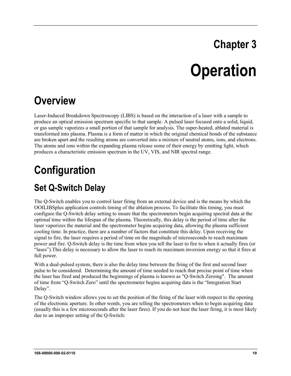 Operation, Overview configuration, Set q-switch delay | Chapter 3, Overview, Configuration | Ocean Optics LIBS2500plus User Manual | Page 29 / 64