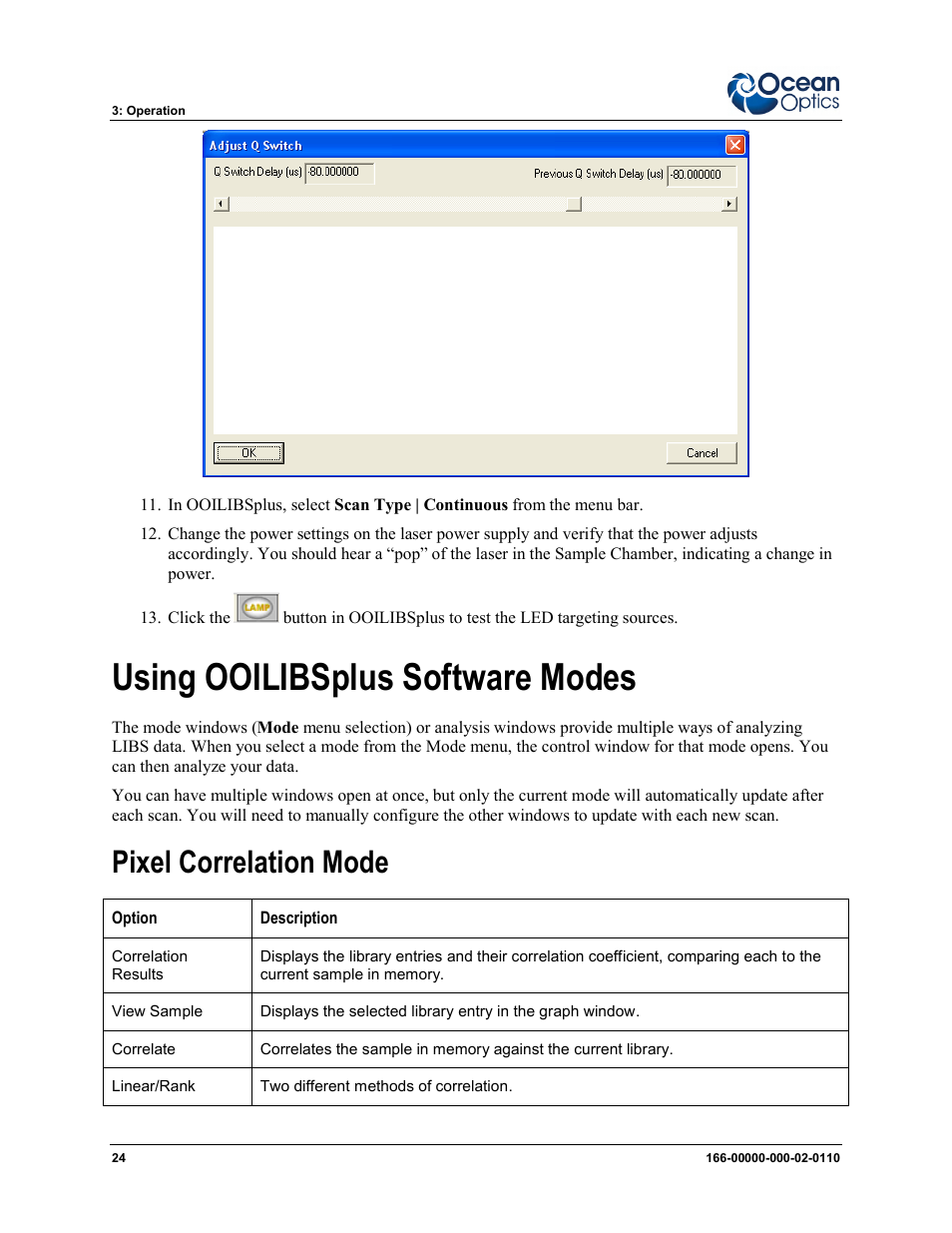 Using ooilibsplus software modes, Pixel correlation mode | Ocean Optics LIBS2500plus User Manual | Page 34 / 64