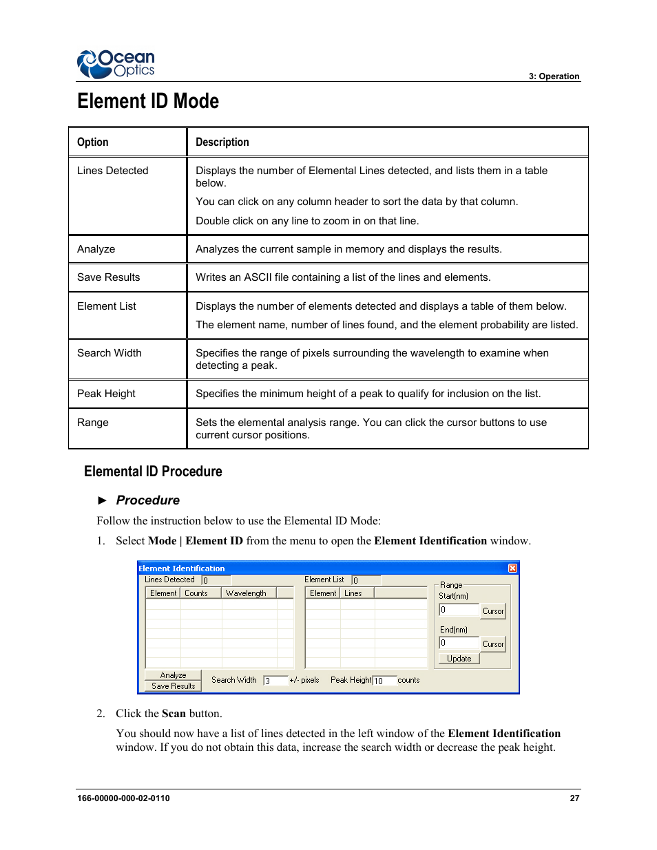 Element id mode, Elemental id procedure | Ocean Optics LIBS2500plus User Manual | Page 37 / 64