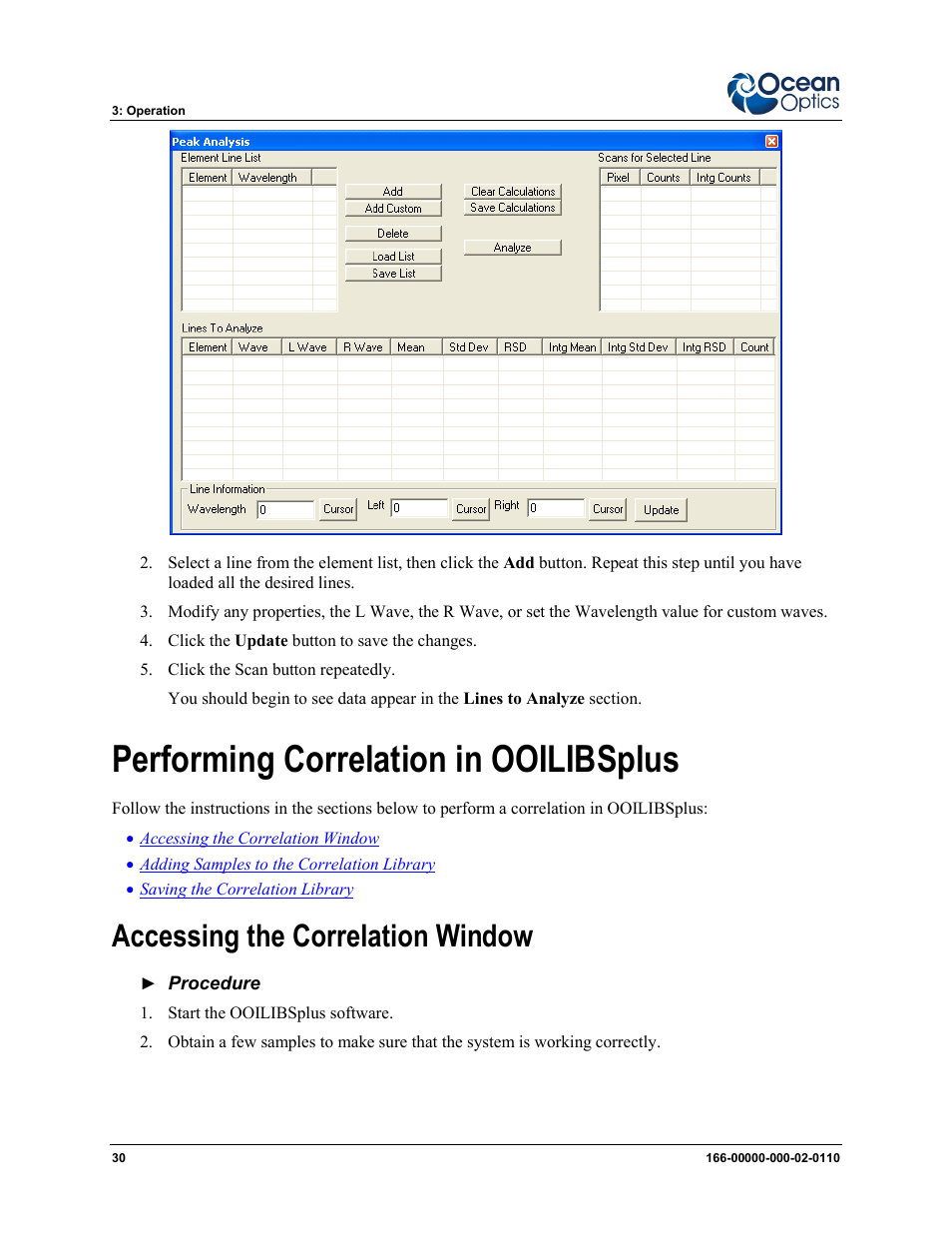 Performing correlation in ooilibsplus, Accessing the correlation window | Ocean Optics LIBS2500plus User Manual | Page 40 / 64